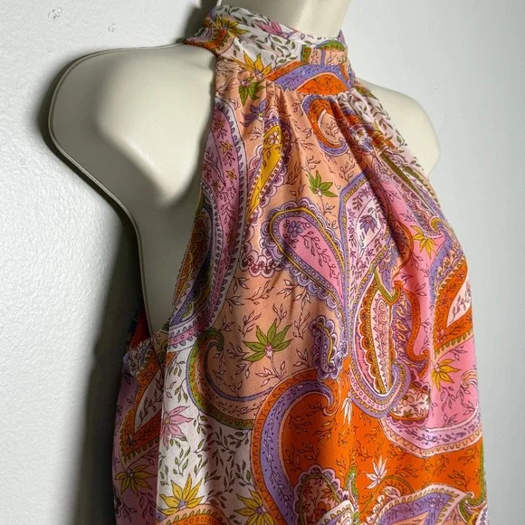 1. State Womens Halter Blouse M Orange Pink Paisley Lined Office Brunch Feminine - Picture 5 of 9